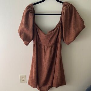 Brown Corduroy Puff Sleeve Dress